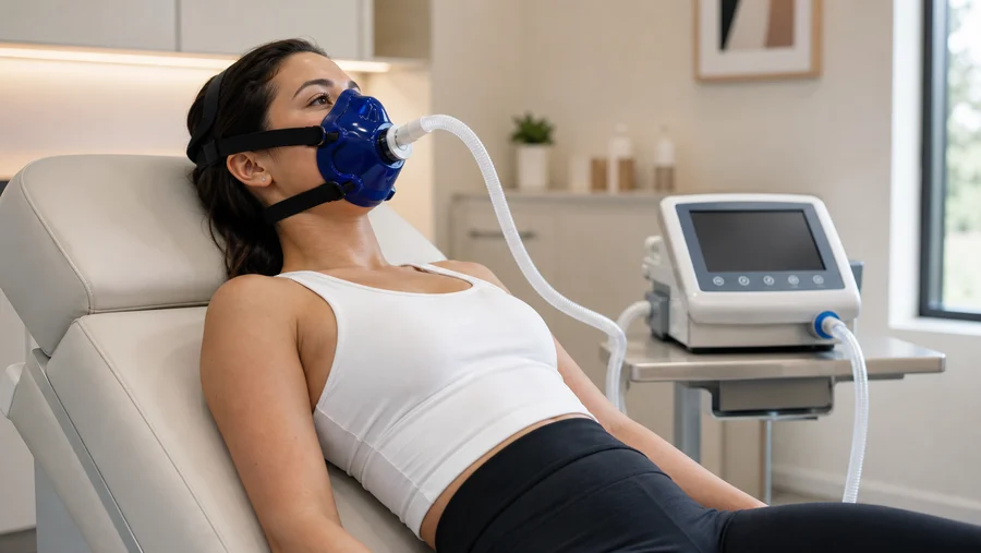 Patient completing metabolic testing with clinical equipment