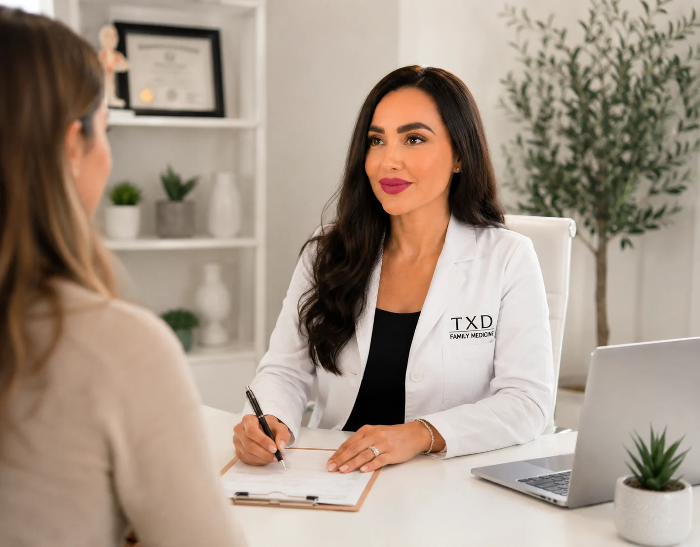 Sayra consulting with a patient